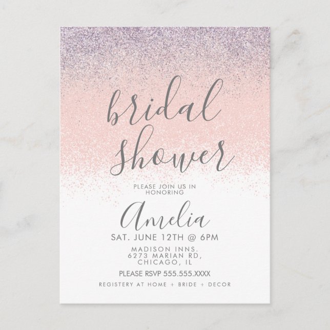 Postal Elegante Bridal Shower Faux Ombré Purpurina Pink (Anverso)
