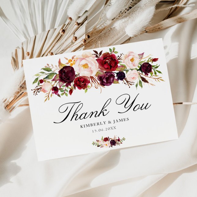 Postal Elegante burdeos y boda floral ruidoso gracias (Subido por el creador)