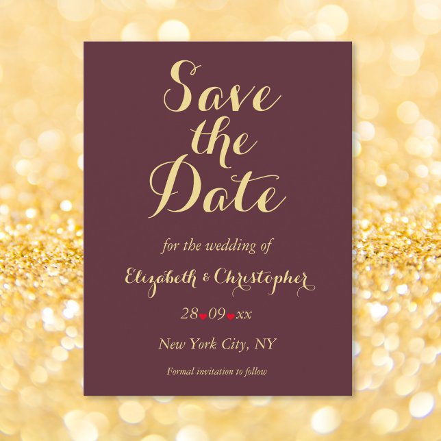 Postal Elegante Burgundy Faux Gold Wedding Save the Date (Elegant Burgundy Faux Gold Wedding Save the Date Postcard)