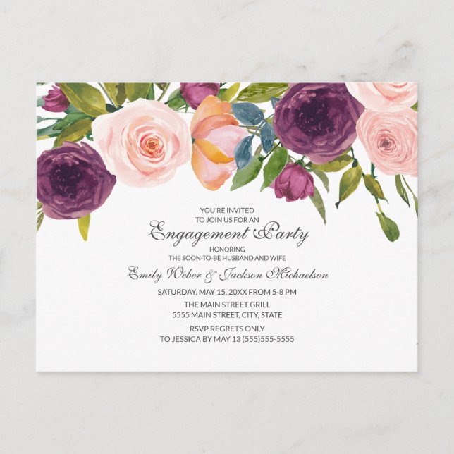 Postal Elegante Burgundy Floral Acuarela Compromiso (Anverso)