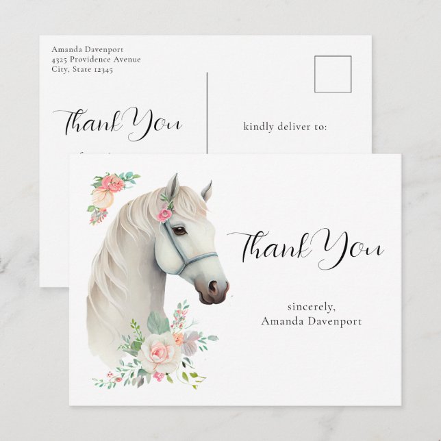 Postal Elegante Caballo Blanco Boho Floral Gracias (Anverso / Reverso)