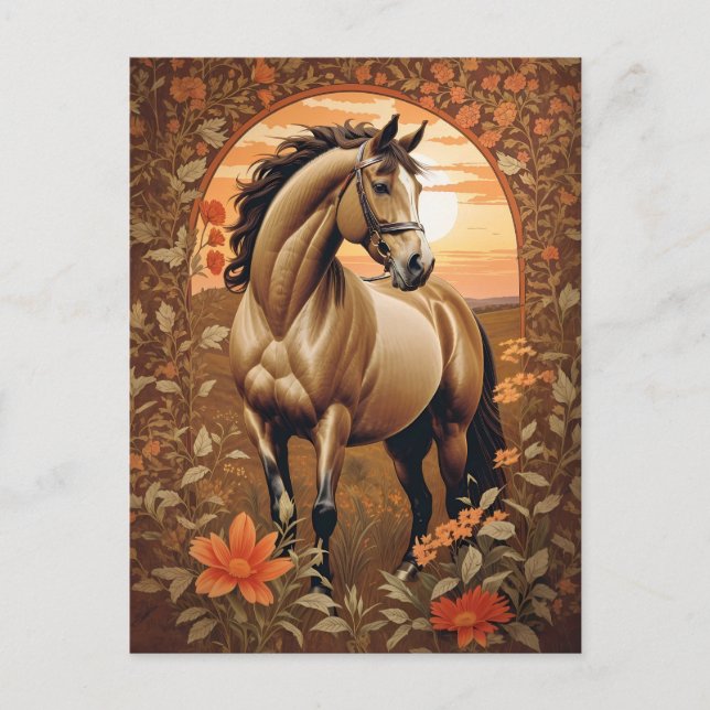 Postal Elegante caballo vintage al atardecer (Anverso)