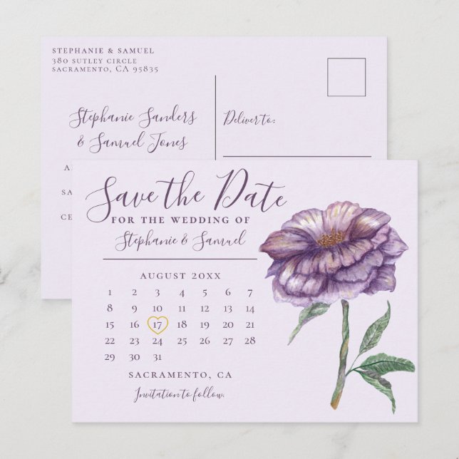 Postal Elegante calendario Boda púrpura Guardar la fecha (Anverso / Reverso)