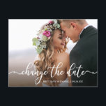 Postal Elegante Caligrafía Cambiar La Fecha Nueva<br><div class="desc">Moderno Y Elegante Guión De Caligrafía Cambia La Postcarta De La Foto De Pareja Pospuesta Por El Boda De Fecha</div>