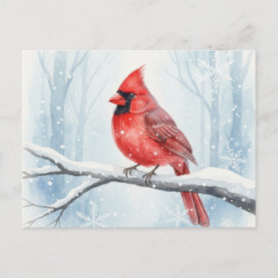 Postal Elegante Cardenal Rojo Acuarela Invierno Nieve