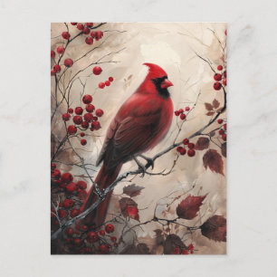 Postal Elegante cardenal y pintura de berries sobre la vi