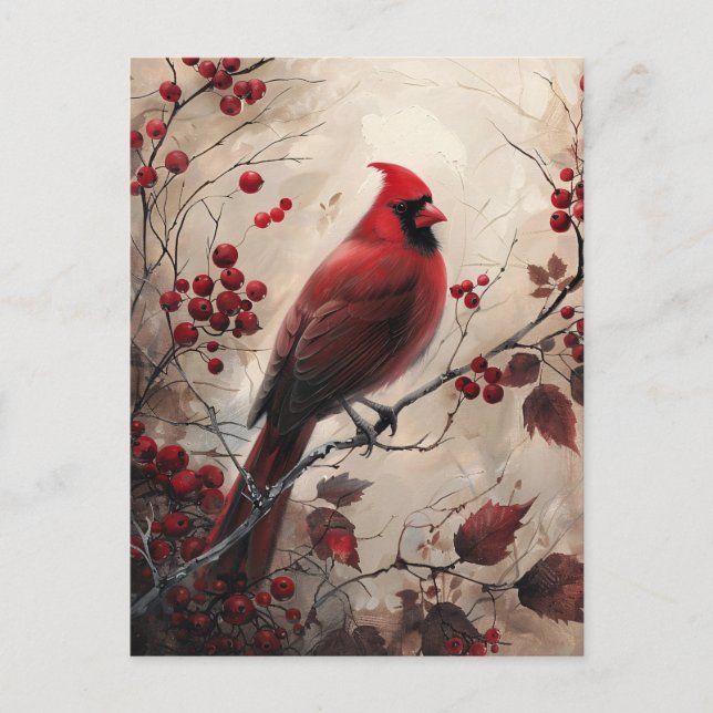 Postal Elegante cardenal y pintura de berries sobre la vi (Anverso)