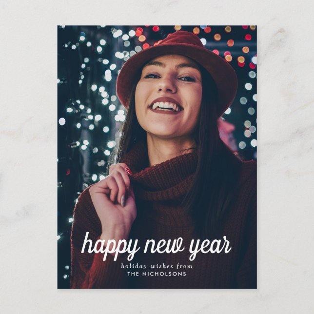 Postal Elegante Casual Happy New Year Script Photo (Anverso)
