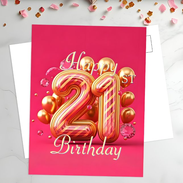 Postal Elegante celebración de cumpleaños 21 en rosa y or (Subido por el creador)