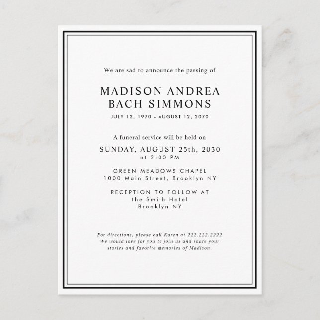 Postal Elegante celebración de la vida del funeral modern (Anverso)