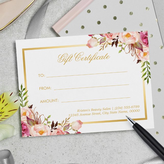 Postal Elegante Certificado de Regalo de Oro Floral Rosa  (Subido por el creador)
