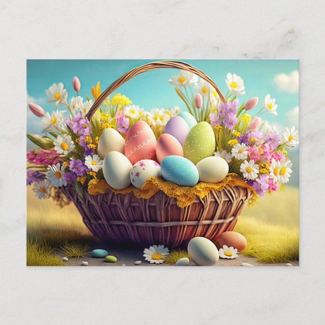 Postal Elegante Cesta Festiva De Huevos De Pascua (Anverso)