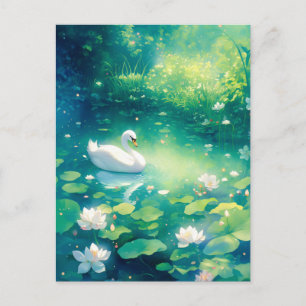 Postal Elegante Cisne Blanco en Luminoso Estanque de Liri