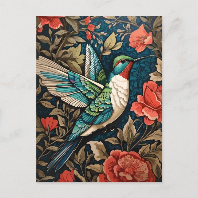 Postal Elegante colibrí volador William Morris inspirado (Anverso)