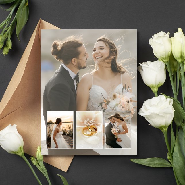Postal Elegante Collage de 4 Fotos Agradecimiento de Boda (Elegant 4 Photo Collage Wedding Thank You Postcard)