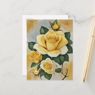 Postal Elegante color de agua rosas amarillas