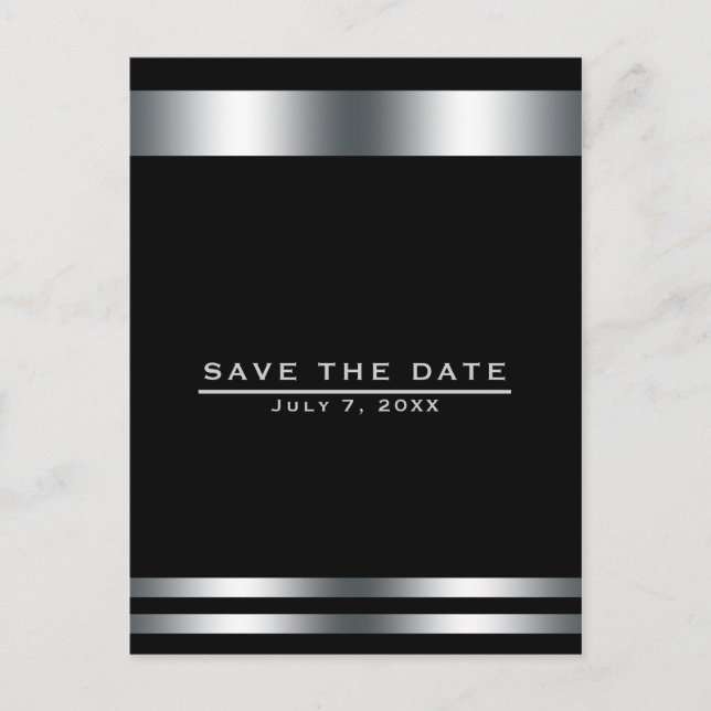 Postal Elegante compromiso negro y plata Save the Date (Anverso)
