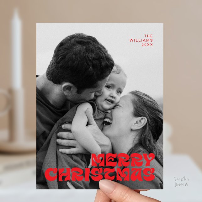 Postal Elegante con Estilo, Feliz Navidad Foto Familiar C (Stylish Elegant, Merry Christmas Family Photo Chic Postcard in Romantic Bright Red)