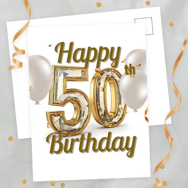 Postal Elegante Confetti de Oro y Globos 50 cumpleaños (Subido por el creador)