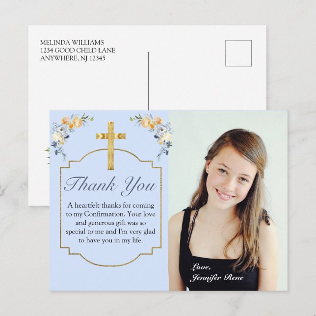 Postal Elegante confirmación floral Blue Peach (Anverso / Reverso)