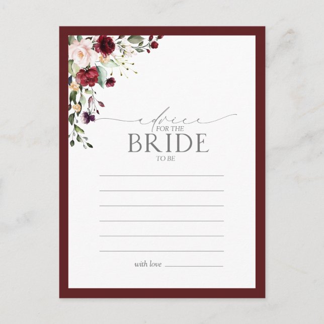 Postal Elegante Consejo Floral De Borgoña A La Novia (Anverso)