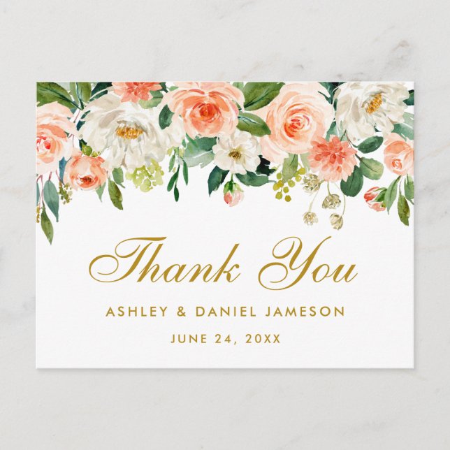Postal Elegante Coral Floral Gold Boda Gracias (Anverso)