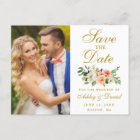 Elegante Coral Floral Gold Photo Save The Date