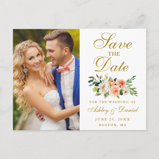 Postal Elegante Coral Floral Gold Photo Save The Date (Anverso)