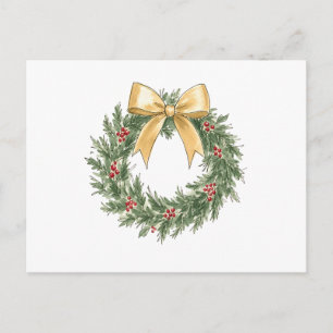 Postal Elegante corona de Navidad con lazo dorado acuarel