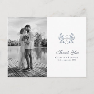 Postal Elegante Cresta de Monograma Foto Bodas Azul Franc