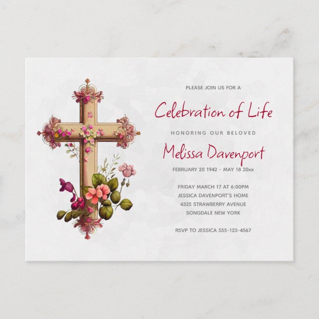 Postal Elegante cruz con flores rosas invitan a conmemora (Anverso)