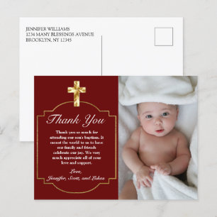 Postal Elegante Cruz de Bautizo Dorada Burdeos Agradecimi