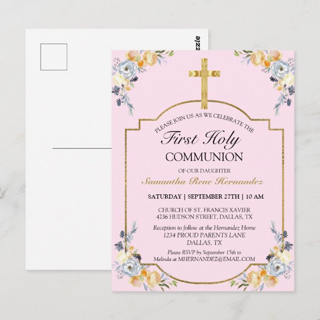 Postal Elegante Cruz de Oro PInk Floral 1ª Santa Comunión (Anverso / Reverso)