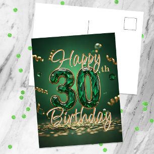 Postal Elegante Cumpleaños 30 Brillante Verde y Dorado