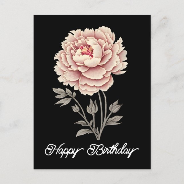 Postal Elegante Cumpleaños Feliz de Peonía Rosa Rústica V (Anverso)