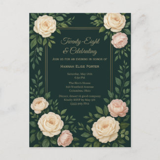 Postal Elegante Cumpleaños Floral Verde Teal Oscuro con M