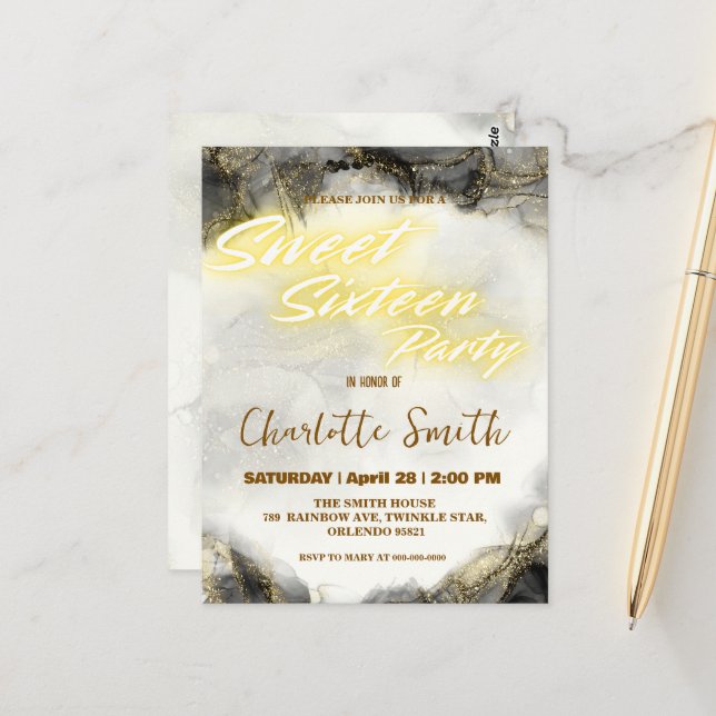 Postal Elegante cumpleaños número 16 de neón dorado rosa  (Anverso/Reverso In Situ)