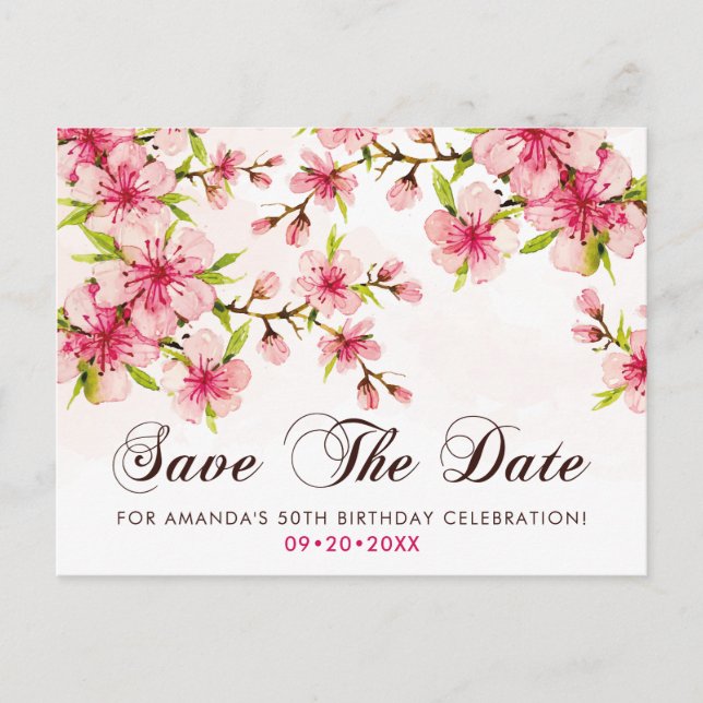 Postal Elegante cumpleaños número 50 de flor de cerezo Sa (Anverso)