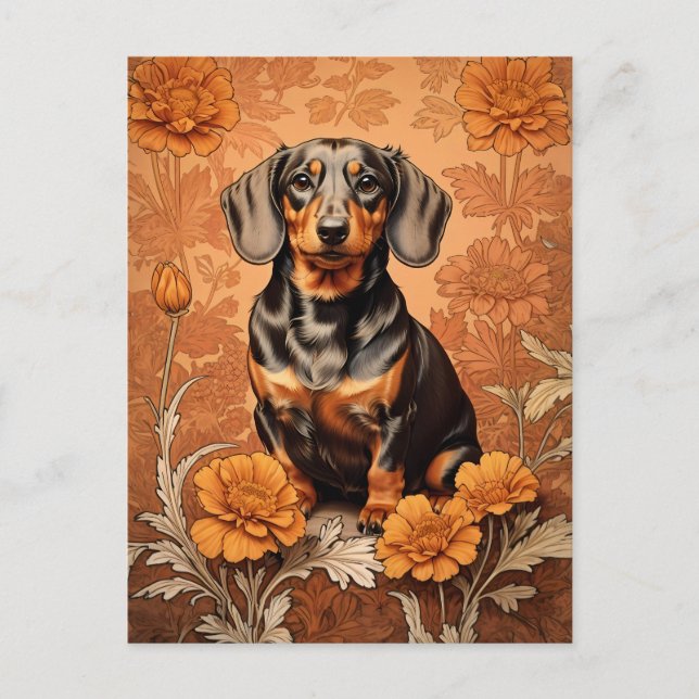 Postal Elegante Dachshund Y Marigoles (Anverso)