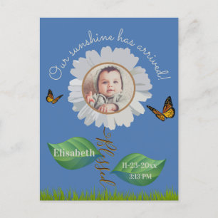 Postal Elegante Daisy Blue Floral Cute Baby Photo & Name