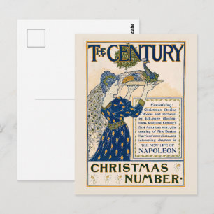 Postal Elegante dama Art Nouveau con pavo real de inviern