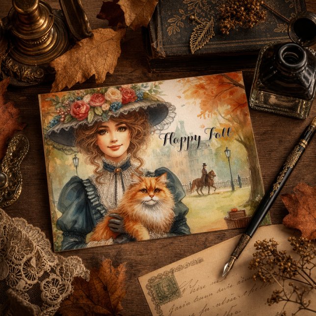 Postal Elegante dama con gato Feliz otoño  (Subido por el creador)
