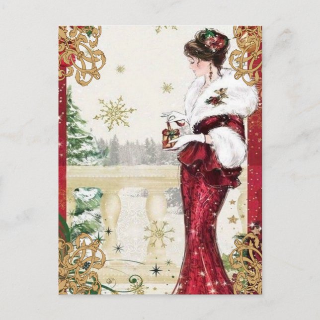 Postal Elegante dama de época con regalo de Navidades (Anverso)