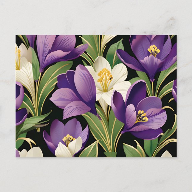 Postal Elegante damasco con flores de crocus (Anverso)