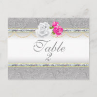 Elegante Damasco plateado y número de mesa rosa ro