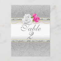 Elegante Damasco plateado y número de mesa rosa ro