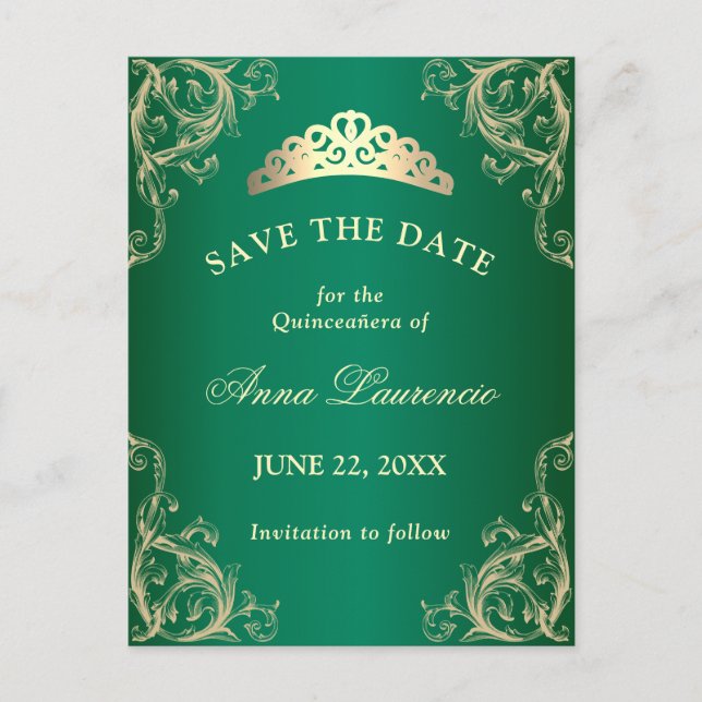 Postal Elegante Damask Green Quinceanera Guardar La Fecha (Anverso)