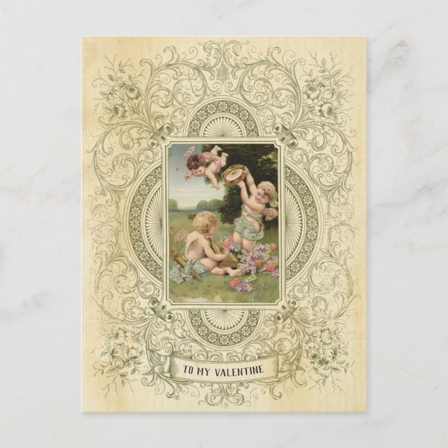 Postal Elegante Día de San Valentín Cherub Ilustracion Vi (Anverso)