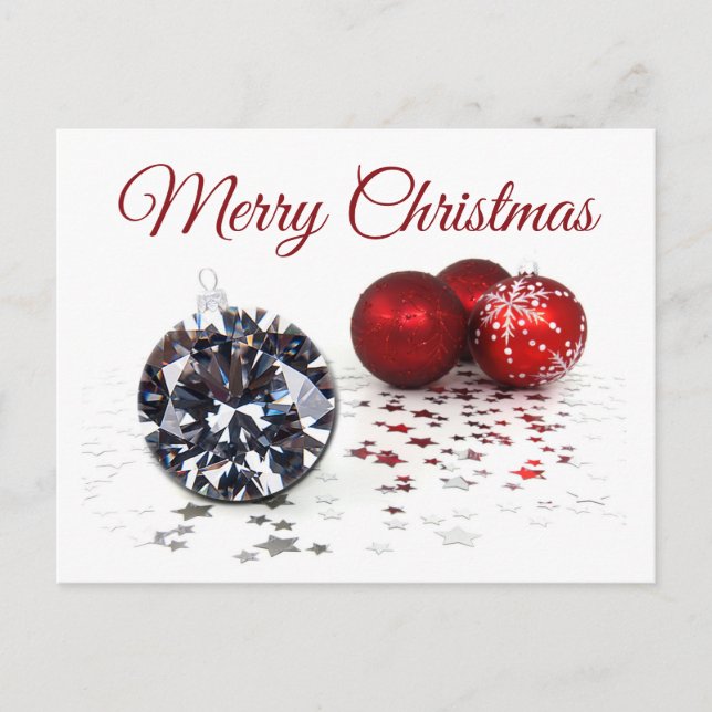 Postal Elegante Diamante y Ornamentos de Navidad Rojo (Anverso)