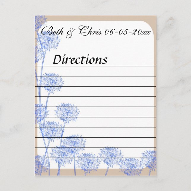 Postal Elegante dirección Boda de Dandelion azul (Anverso)